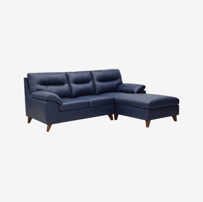 Sala seccional modular en piel azul marino con chaise longue, fabricada a la medida