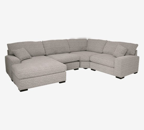 Sala seccional en tela color gris con chaise longue, mueble a medida
