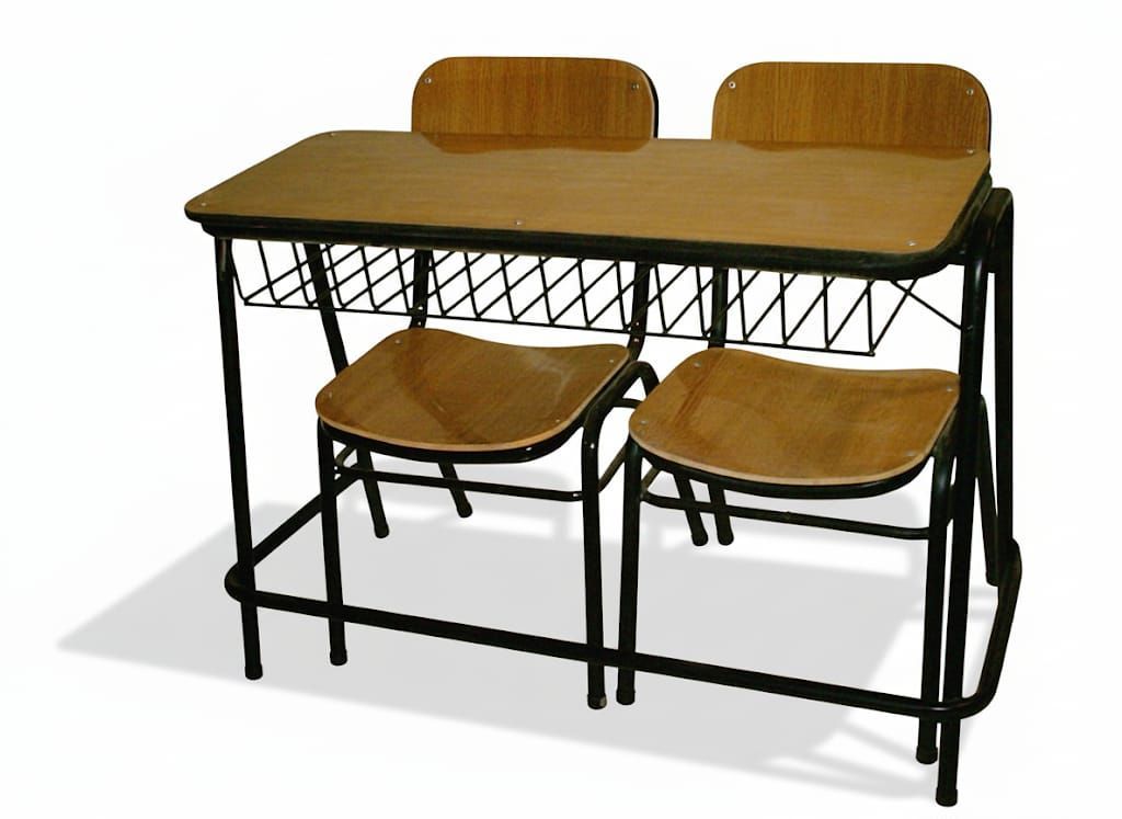 Conjunto escolar bipersonal apilable con tapa de madera y guardapapeles metálico