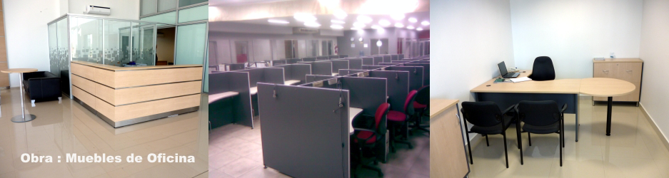 Oficina equipada con recepción de madera, puestos de trabajo con divisiones y escritorio ejecutivo
