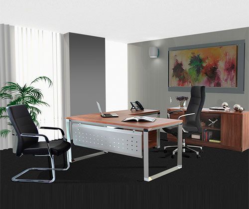 Escritorio en L color nogal con credenza a juego y silla de visita negra
