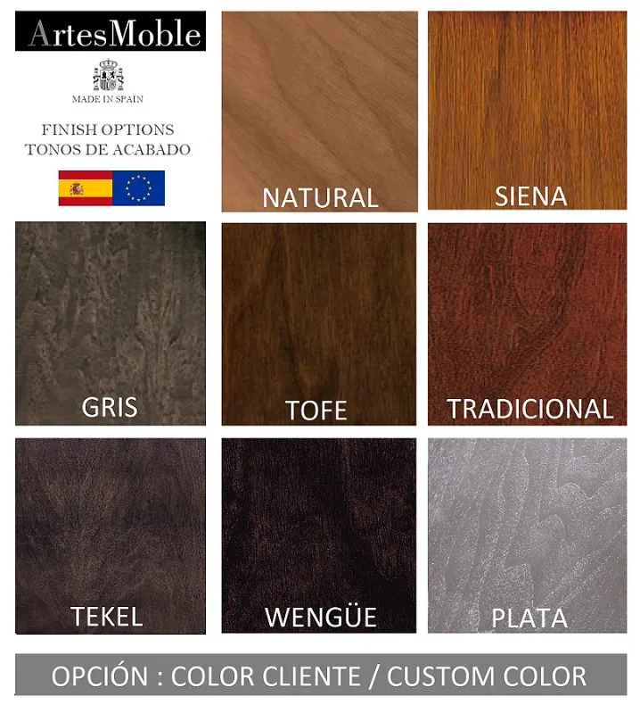 Muestrario de nueve tonos de acabado en madera de ArtesMoble: Natural, Siena, Gris, Tofe, Tradicional, Tekel, Wengüe y Plata