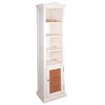 Vitrina de baño artesanal en madera blanca envejecida con puertas de cristal y cesto de mimbre