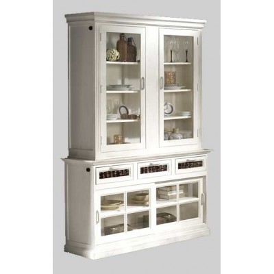 Aparador vitrina en madera blanca con puertas de cristal y cajones