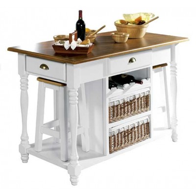 Mesa de cocina artesanal con cajones y cestos de mimbre integrados