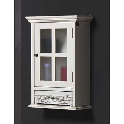 Mueble de baño artesanal en madera blanca con cesto de mimbre