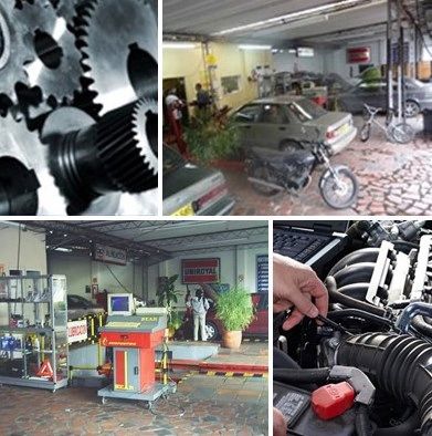 Interior del taller Carllantas: equipo de alineación y balanceo, vehículos en servicio y mantenimiento de motor