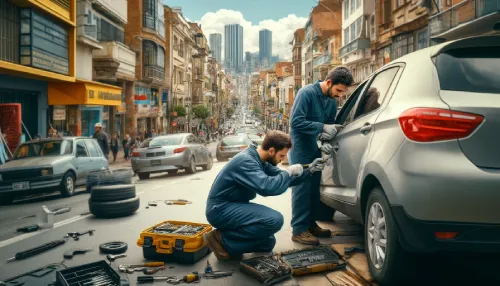Técnicos de Abrecar realizando un servicio de cerrajería automotriz en una calle de Bogotá