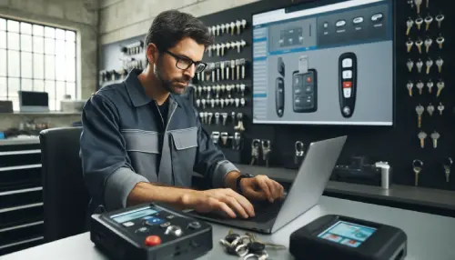 Técnico de Abrecar programando una llave con chip para vehículo
