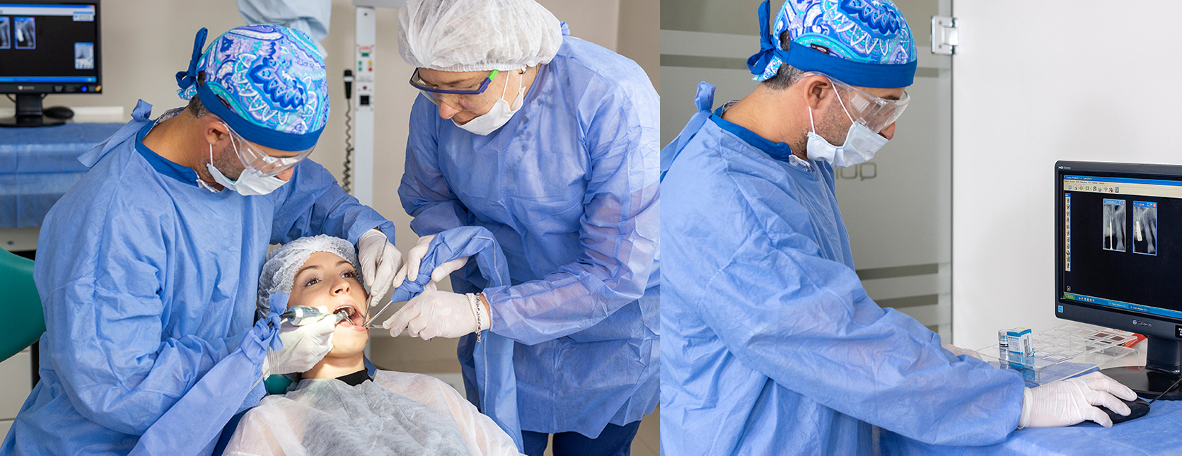 Equipo de Clínica COP tratando a una paciente y revisando radiografías digitales en pantalla