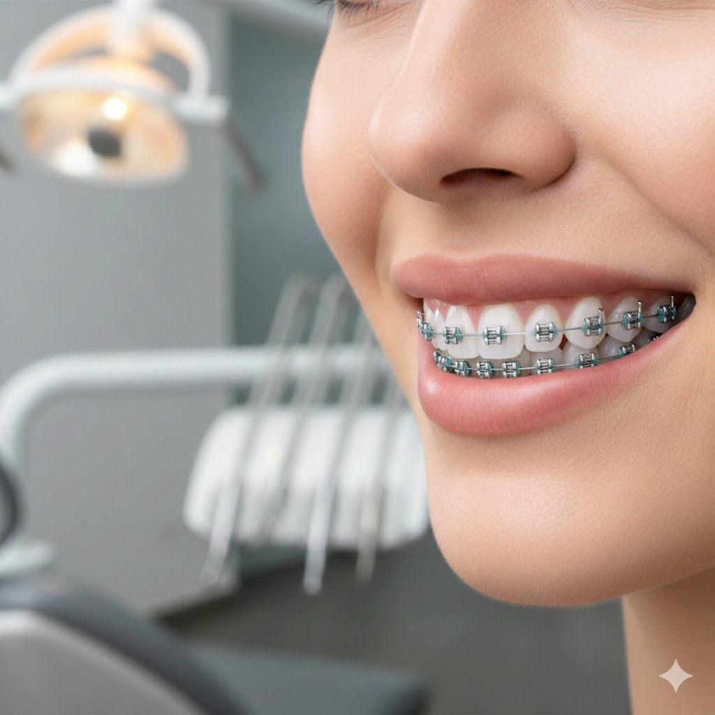 Sonrisa con brackets de ortodoncia durante tratamiento en Clínica Sonrilaser