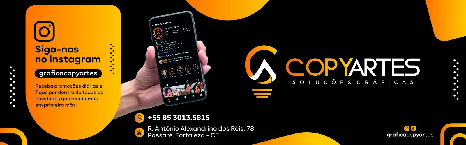 Perfil da Gráfica Copyartes no Instagram, mostrando a marca @graficacopyartes e o endereço na Rua Antônio Alexandrino dos Reis, 78, Passaré