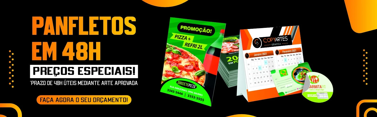 Panfletos, calendários de mesa e adesivos personalizados impressos pela Gráfica Copyartes, com prazo de 48 horas