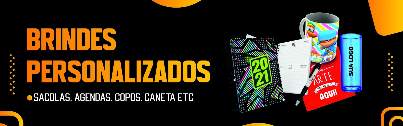 Brindes promocionais personalizados: agenda, caneca, copo e caneta com a marca do cliente, produzidos pela Gráfica Copyartes