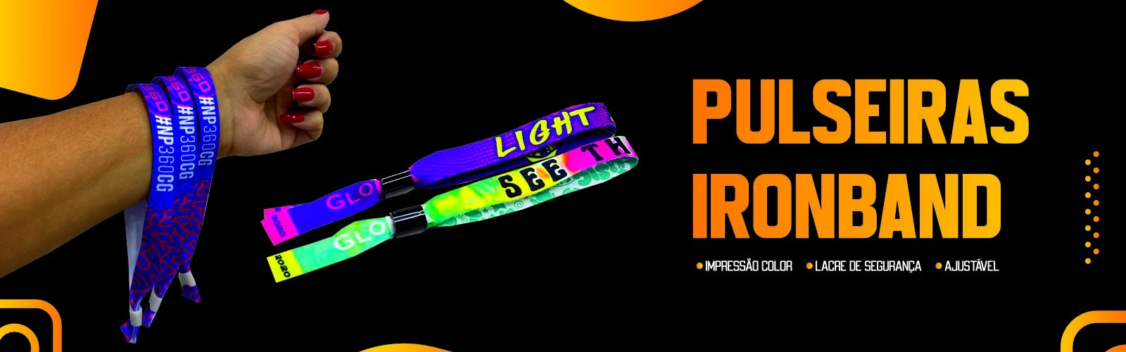 Pulseiras Ironband personalizadas para eventos e festas, impressão colorida com lacre de segurança