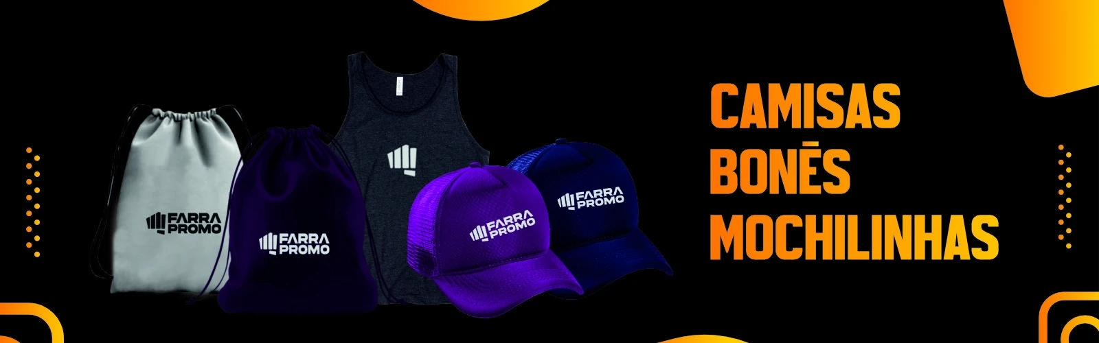 Mochilinhas, camisas e bonés personalizados com a marca do cliente