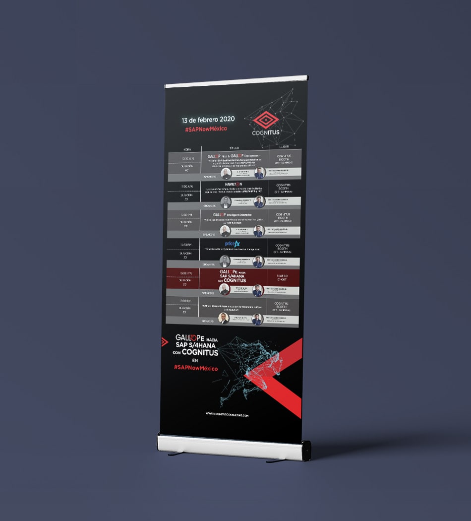 Stand roll-up impreso por E-Mark Media para un evento corporativo