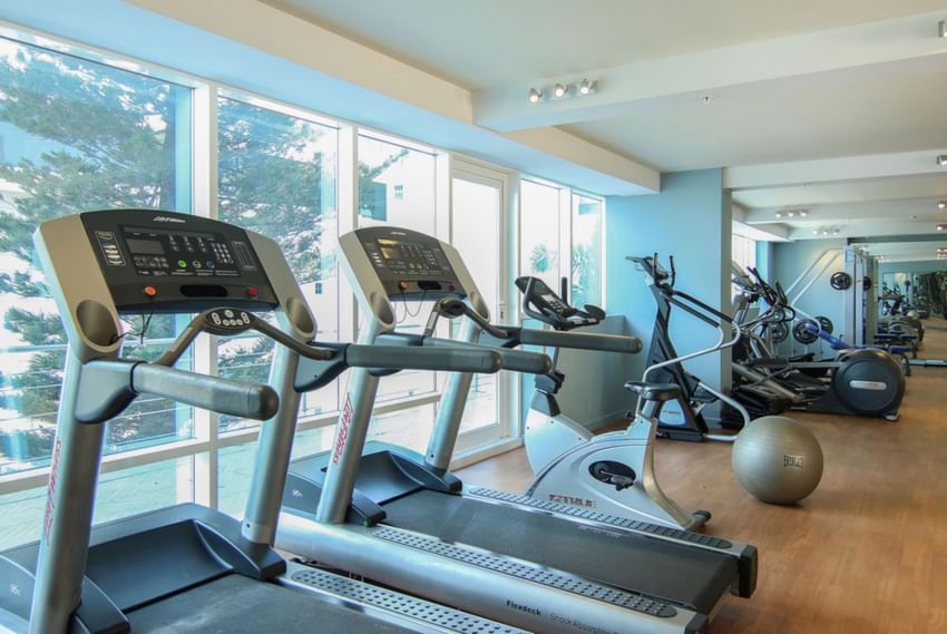 Gimnasio de The Executive Hotel con caminadoras, bicicleta elíptica y vista a la ciudad