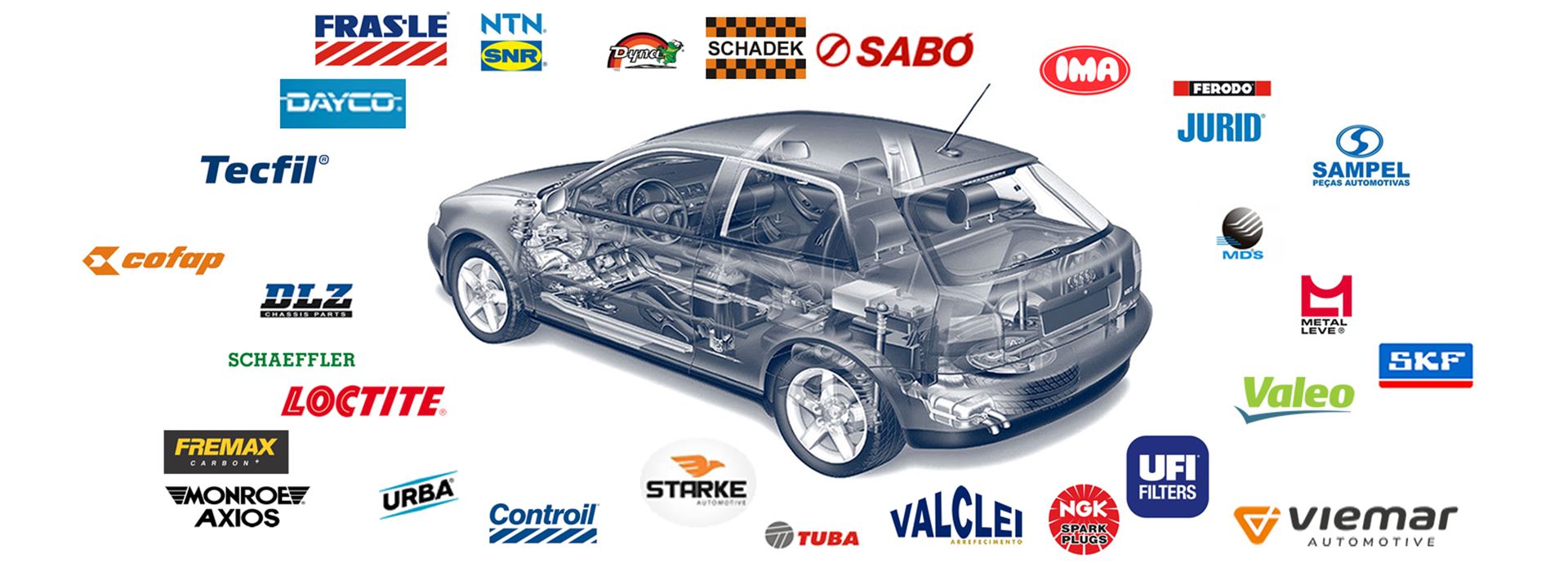 Ilustração de componentes do veículo com marcas de peças homologadas trabalhadas pela Forte Auto Peças