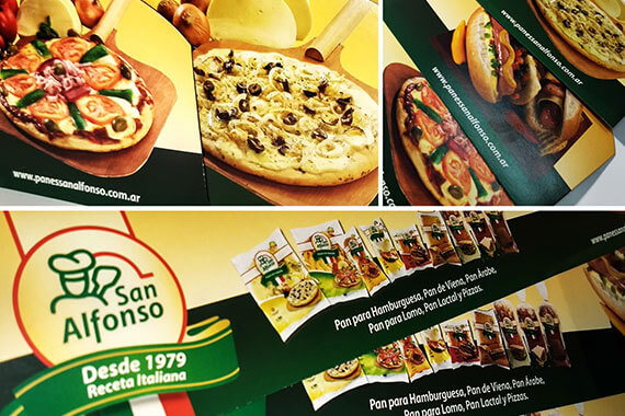 Folletos publicitarios de panificados San Alfonso impresos por Gráfica Imprimiendo
