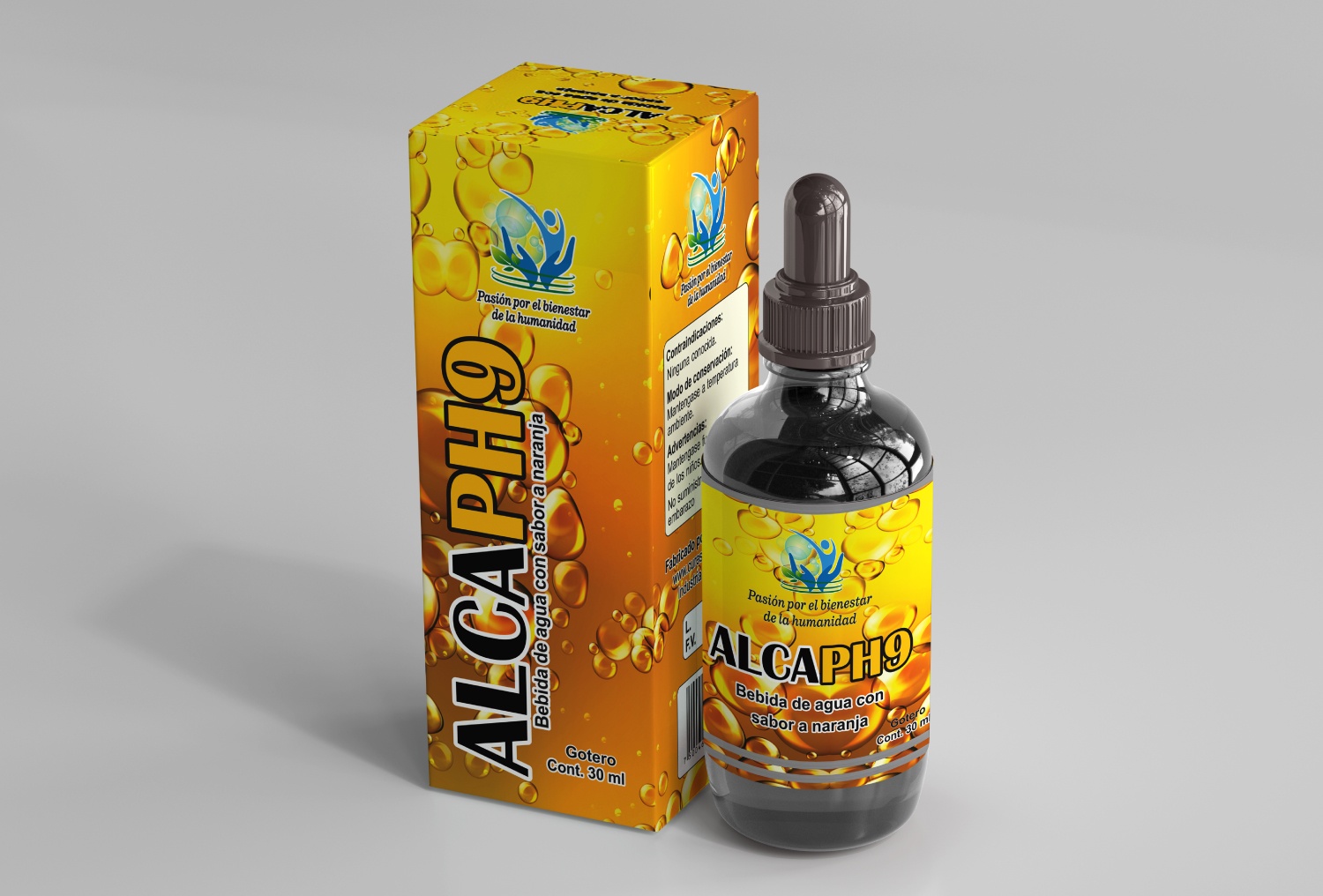 Caja y etiqueta de producto impresas a color por Gráficas TJ para un empaque de bebida