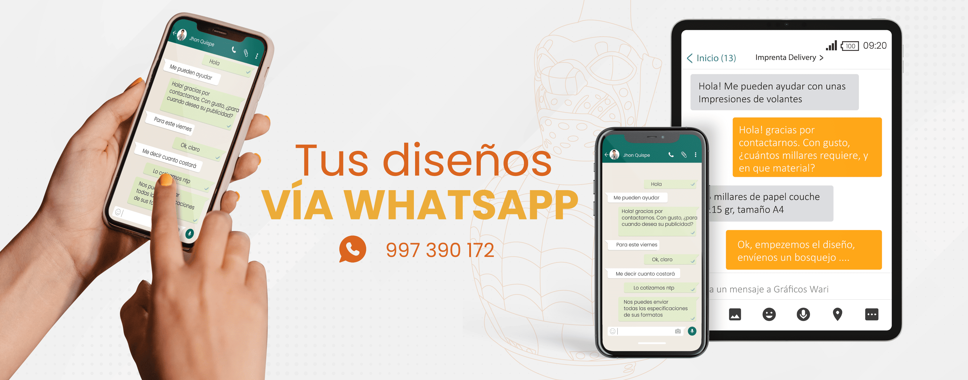 Captura real del flujo de pedidos de Gráficos Wari por WhatsApp: el cliente consulta, cotiza y aprueba su diseño desde el celular