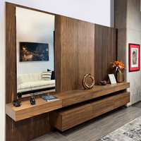 Consola de madera nogal con espejo y cajones, mueble de entrada a medida