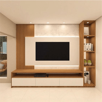 Panel de TV en madera y laca blanca con repisas laterales iluminadas