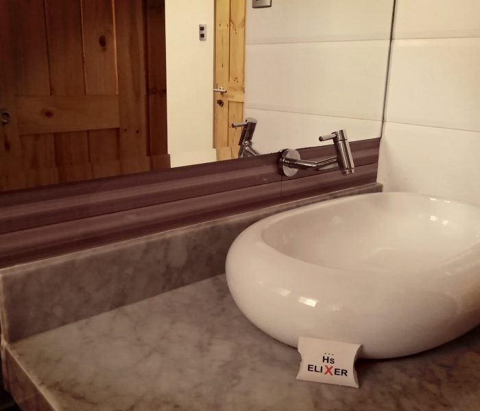 Baño del Hostal Elixer con lavatorio de diseño ovalado y grifería moderna