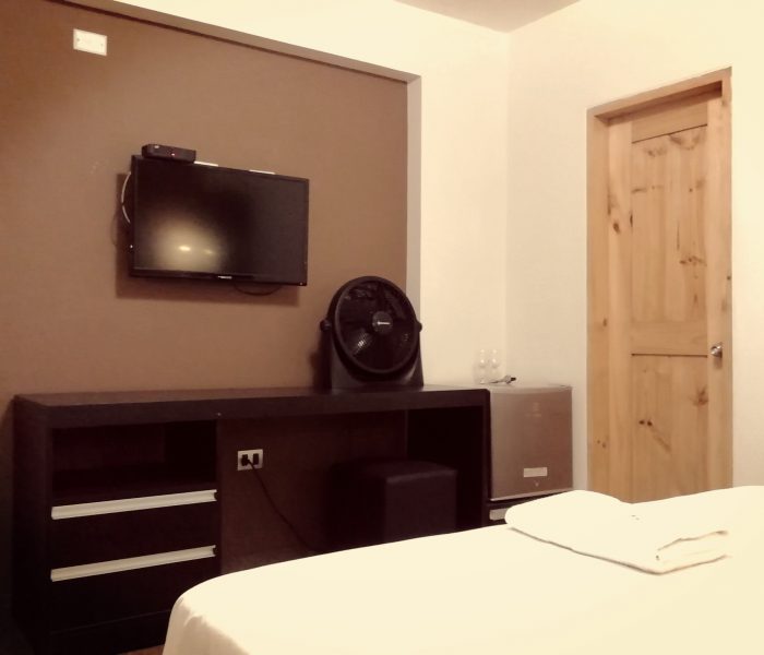 Habitación del Hostal Elixer con TV, frigobar y armario de madera