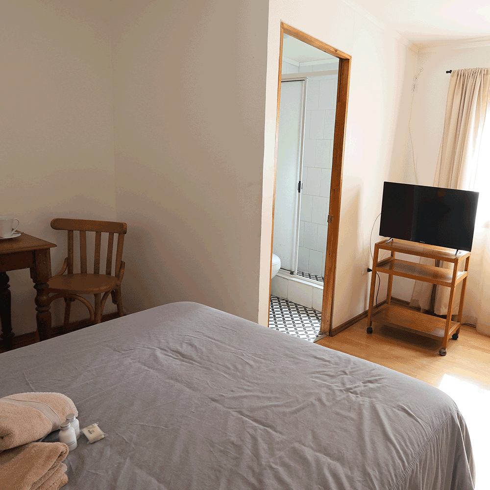Habitación del Hostal La Serena con cama, televisor y baño privado