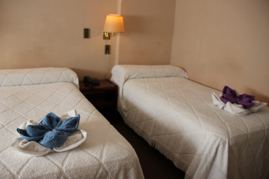 Habitación del Hotel Bertaina con cama individual, veladores de madera y toalla decorativa en forma de flor sobre la cama