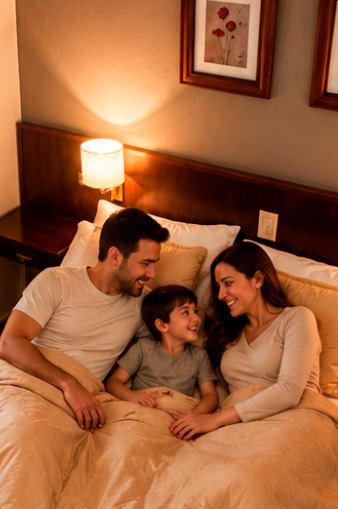 Familia descansando en una de las camas del Hotel Hernandarias