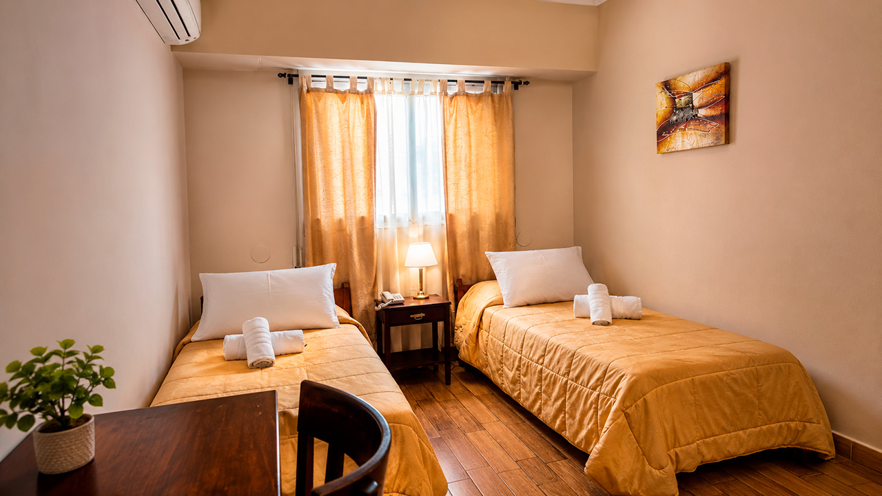 Habitación Doble del Hotel Hernandarias con dos camas individuales, cobertor dorado y escritorio