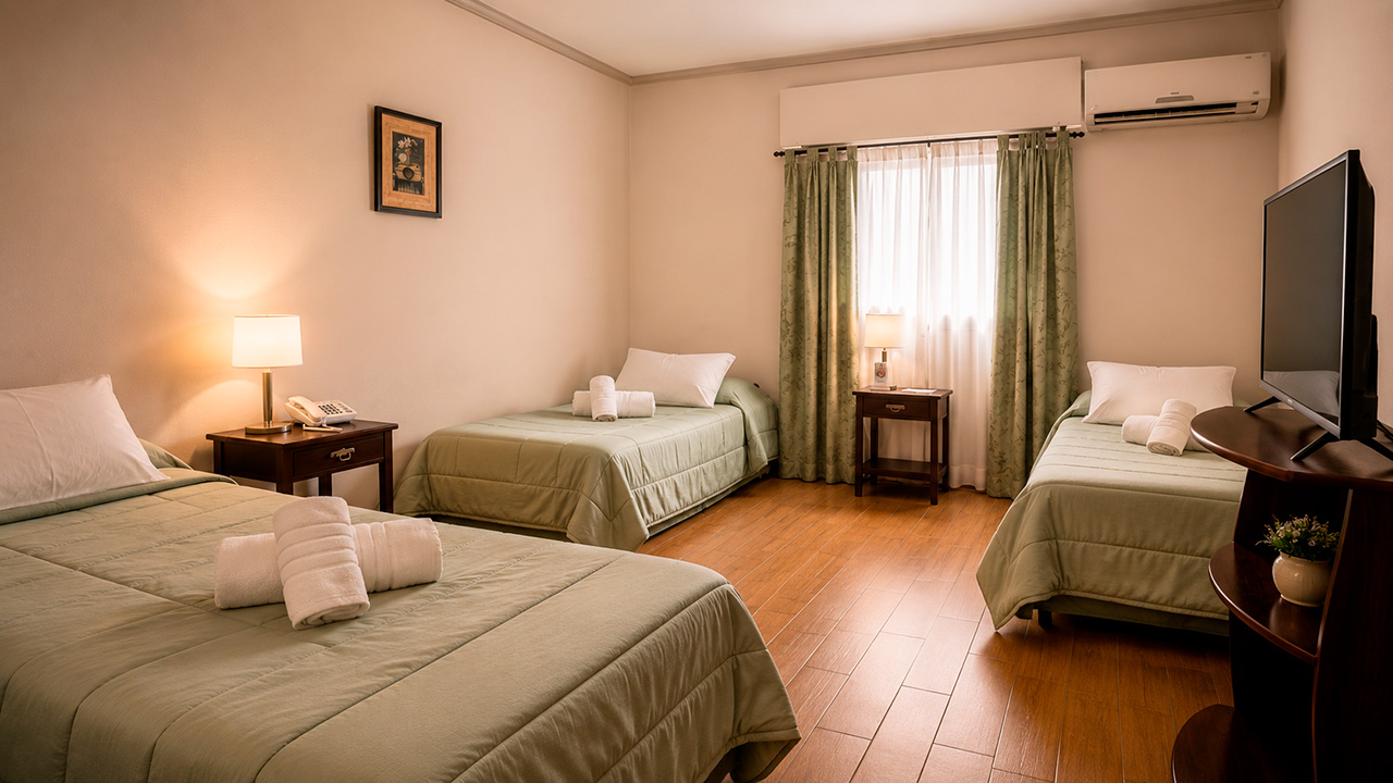 Habitación Triple Individual del Hotel Hernandarias con tres camas y TV