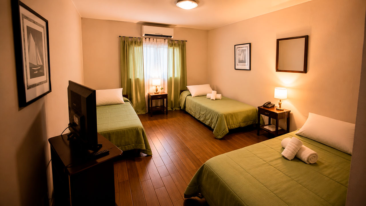Habitación Triple del Hotel Hernandarias con tres camas individuales verdes, TV y espejo de pared