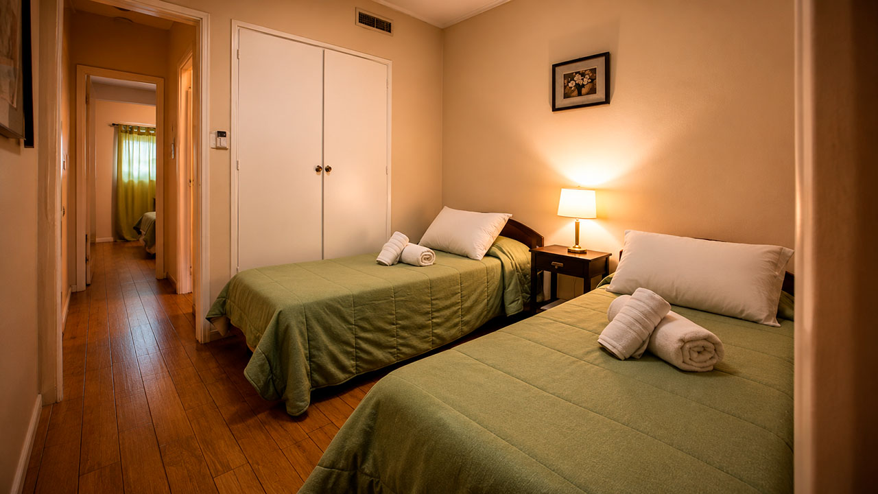 Habitación con dos camas individuales verdes del Hotel Hernandarias, vista desde el pasillo