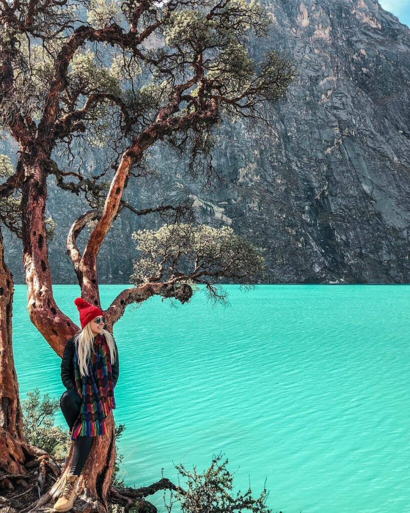 Turista junto a un árbol frente a la Laguna Parón, uno de los atractivos más visitados cerca de Huaraz