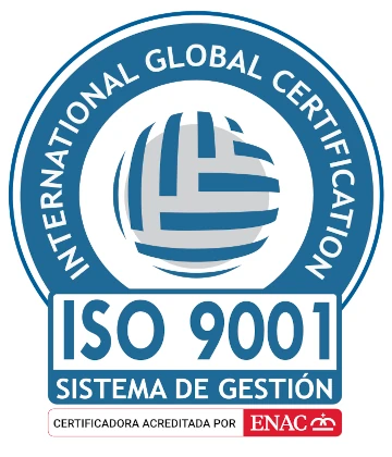 Sello de certificación ISO 9001, Sistema de Gestión, certificadora acreditada por ENAC
