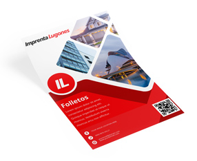 Folleto corporativo de Imprenta Lugones con código QR y diseño en rojo, ejemplo de impresión de folletería
