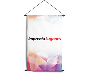 Banner colgante de tela con diseño geométrico y logo de Imprenta Lugones