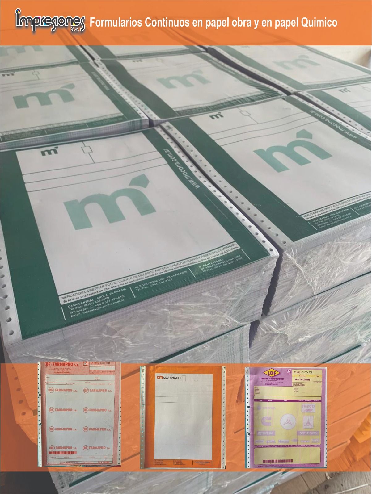 Pilas de formularios continuos numerados impresos por Impresiones S.A. para distintas empresas clientes