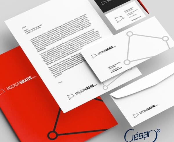 Mockup de papelería corporativa impresa por Impresos César: hojas membretadas, tarjetas de presentación y sobres con identidad de marca