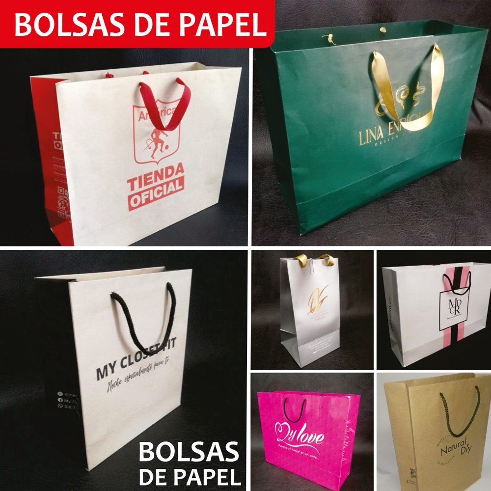 Bolsas de papel personalizadas con logo de distintas marcas, producidas por Arte Clásico