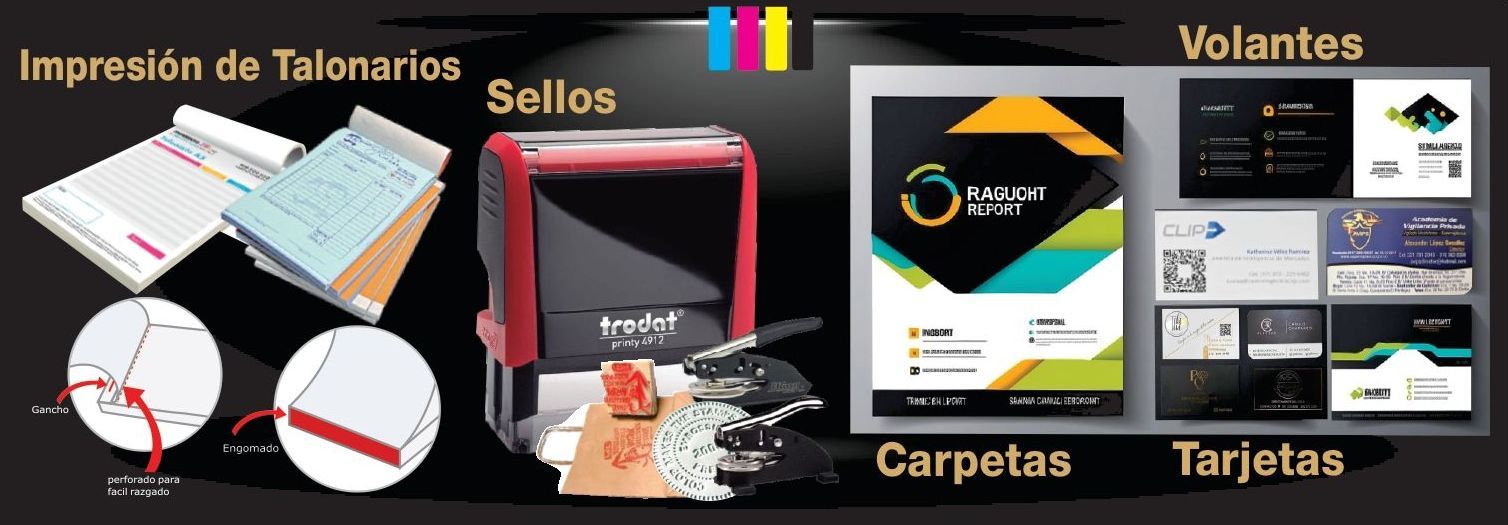 Talonarios, sellos, carpetas, tarjetas y volantes corporativos impresos por Arte Clásico