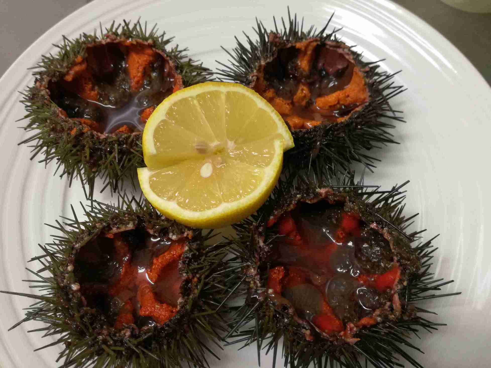 Erizos de mar abiertos con limón, especialidad de temporada del Restaurante Islas Canarias