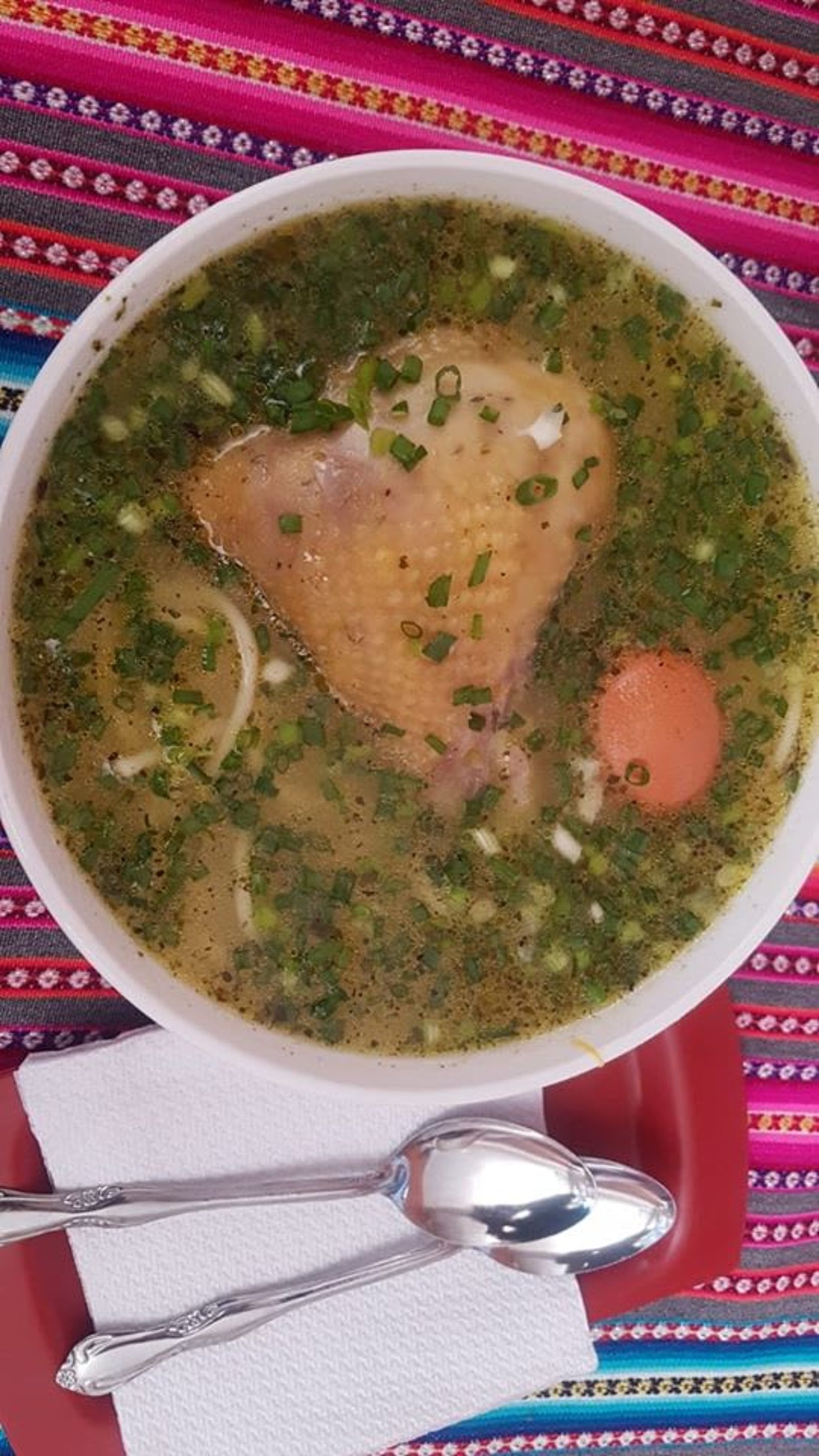 Sopa casera con presa de pollo, hierbas frescas y huevo en Mirador La Curva de la Aventura