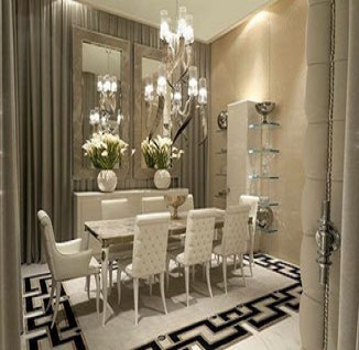 Comedor de vidrio con sillas blancas y mueble espejado, disponible en Casa sobre la Roca