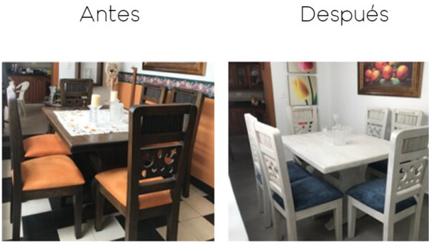 Juego de comedor antes y después de renovación de tapizado y pintura, Muebles Galería San Miguel