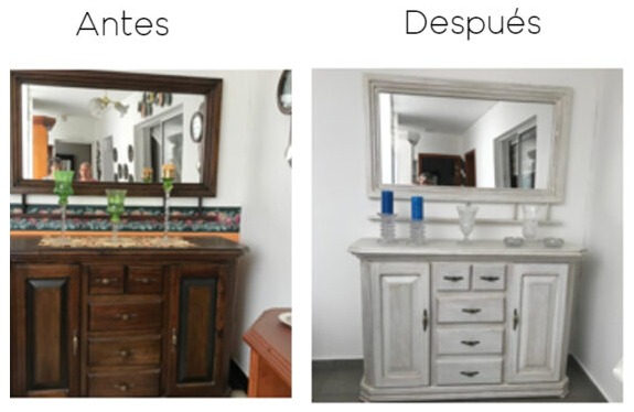 Cómoda con espejo antes y después de restauración en Muebles Galería San Miguel